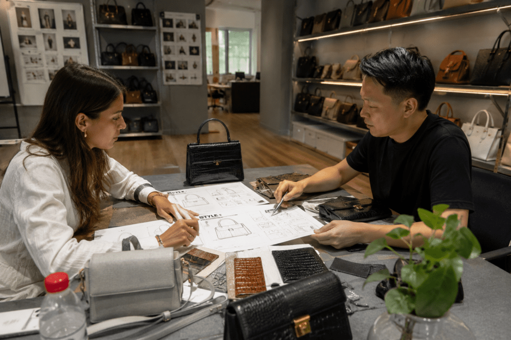 International buyer comparing OEM bag technical pack and ODM handbag samples