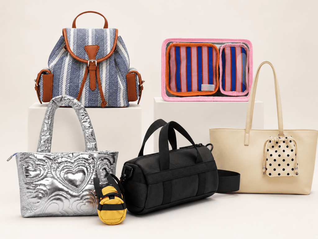 Finished custom bag samples in different materials displayed for buyer comparison.