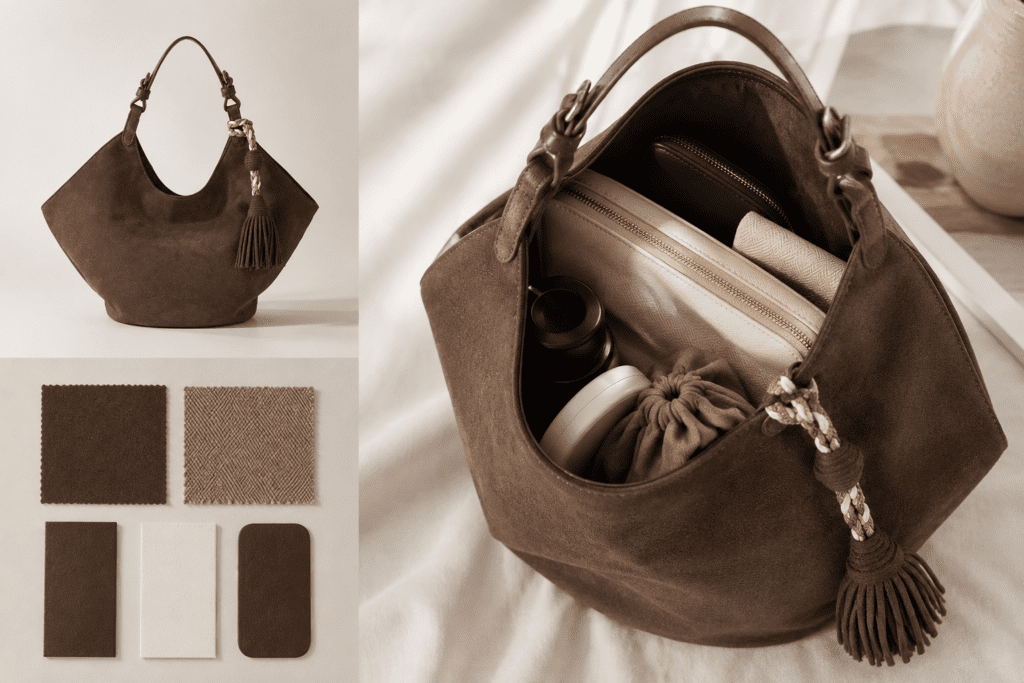 Slouchy bag development sample with soft handbag materials and reinforcement