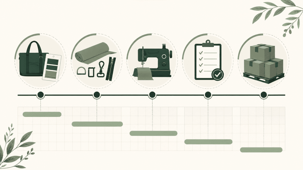 Illustrated custom bag production timeline from approved sample and materials through manufacturing, inspection and packed goods.