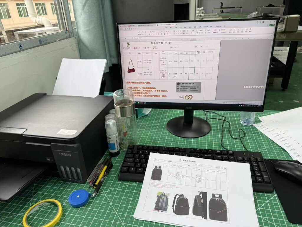 Bag tech pack and sampling order at a custom bag development workstation