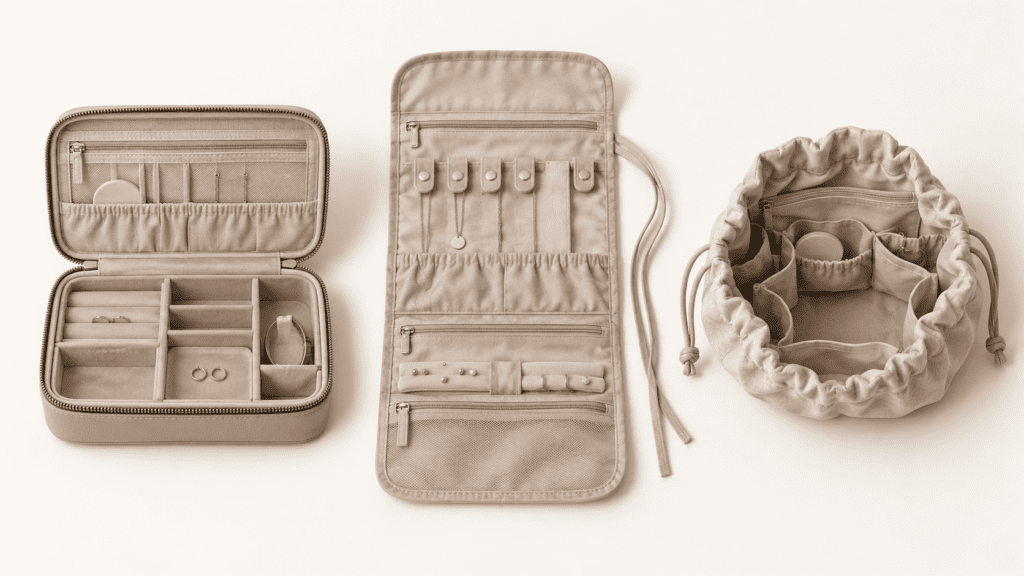 Travel jewelry case, soft jewelry roll and drawstring pouch shown side by side