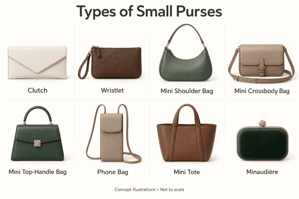Illustrated guide to eight types of small purses, including clutches, wristlets and mini crossbody bags